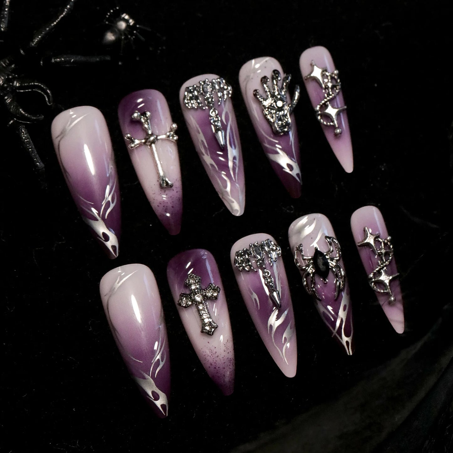 Halloween Spider & Skull False Nails – Purple Halo Press-On Nail Set with Glue
