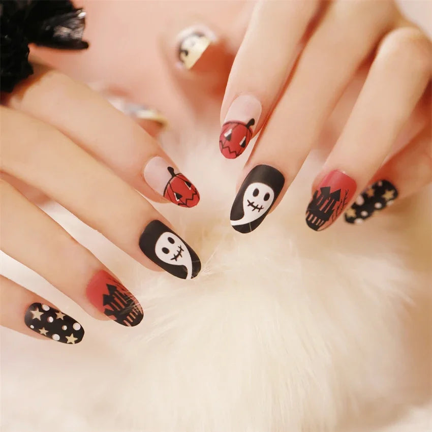 Halloween Round Acrylic Press On Nails – 24PCS Long Set