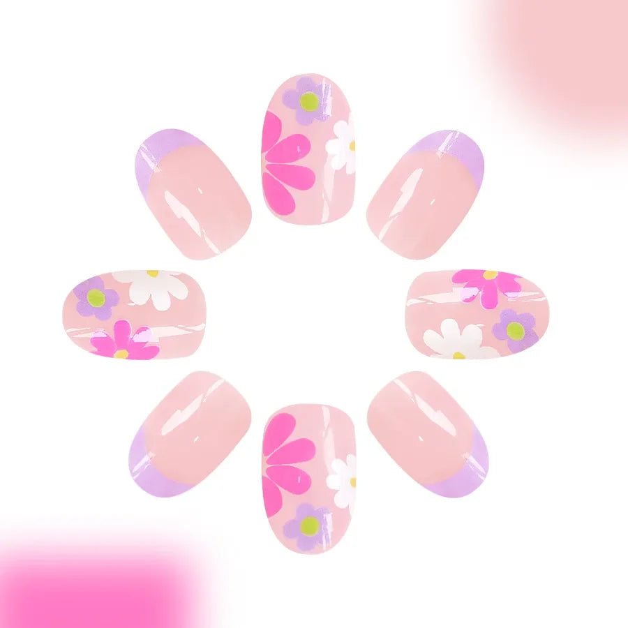 24Pcs Short Almond Press-On Nails – Pink Floral French Tip, Glossy & Elegant