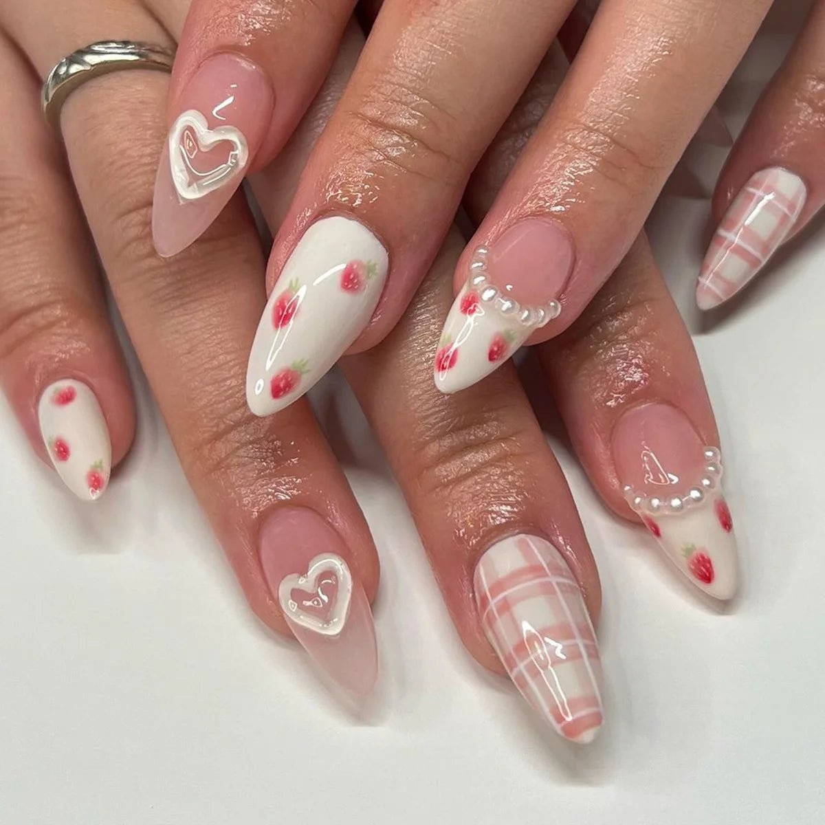 Almond Press On Nails | Long French Pink Bow & Flower Design