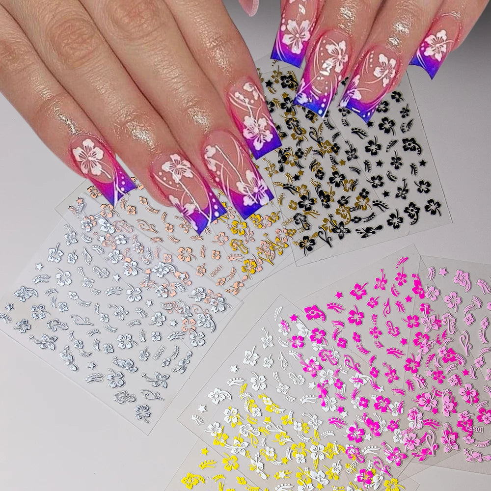 3D Hibiscus Flower Nail Stickers – White & Black Petals with Pink & Gold Accents