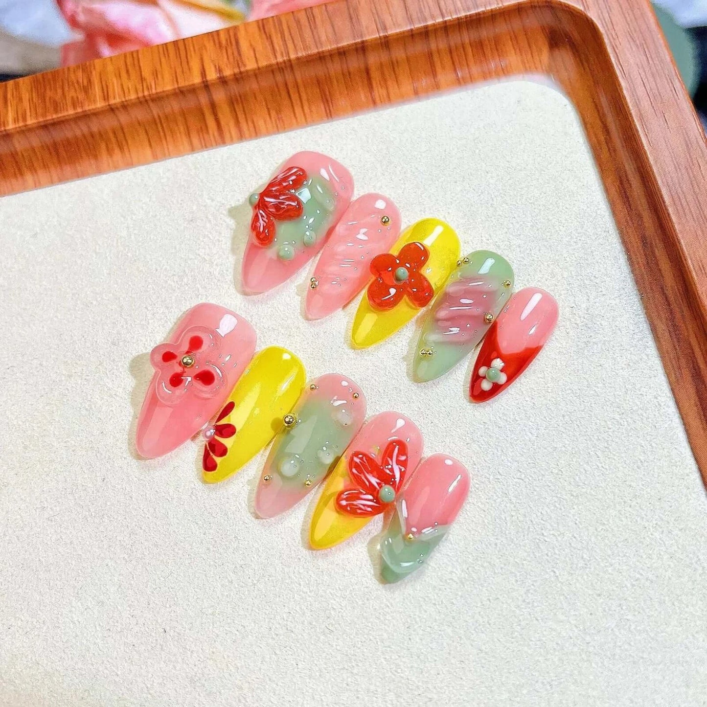 Colorful Press-On Nails – Flowers, Beads & Almond Tips