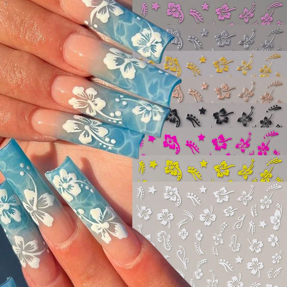 3D Hibiscus Flower Nail Stickers – White & Black Petals with Pink & Gold Accents