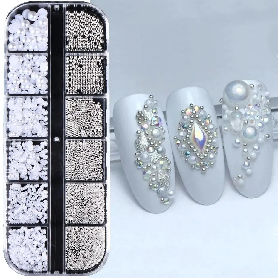 12 Grids White Nail Charms – Caviar Beads & Half Pearls