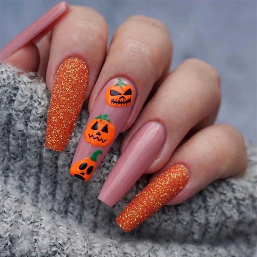 Halloween Round Acrylic Press On Nails – 24PCS Long Set
