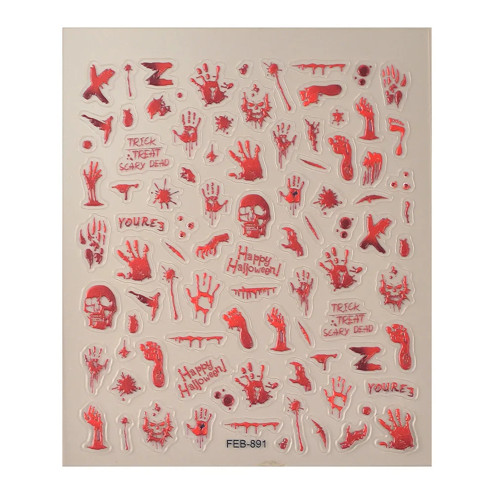 Sheet of red Halloween-themed temporary tattoos on a beige background
