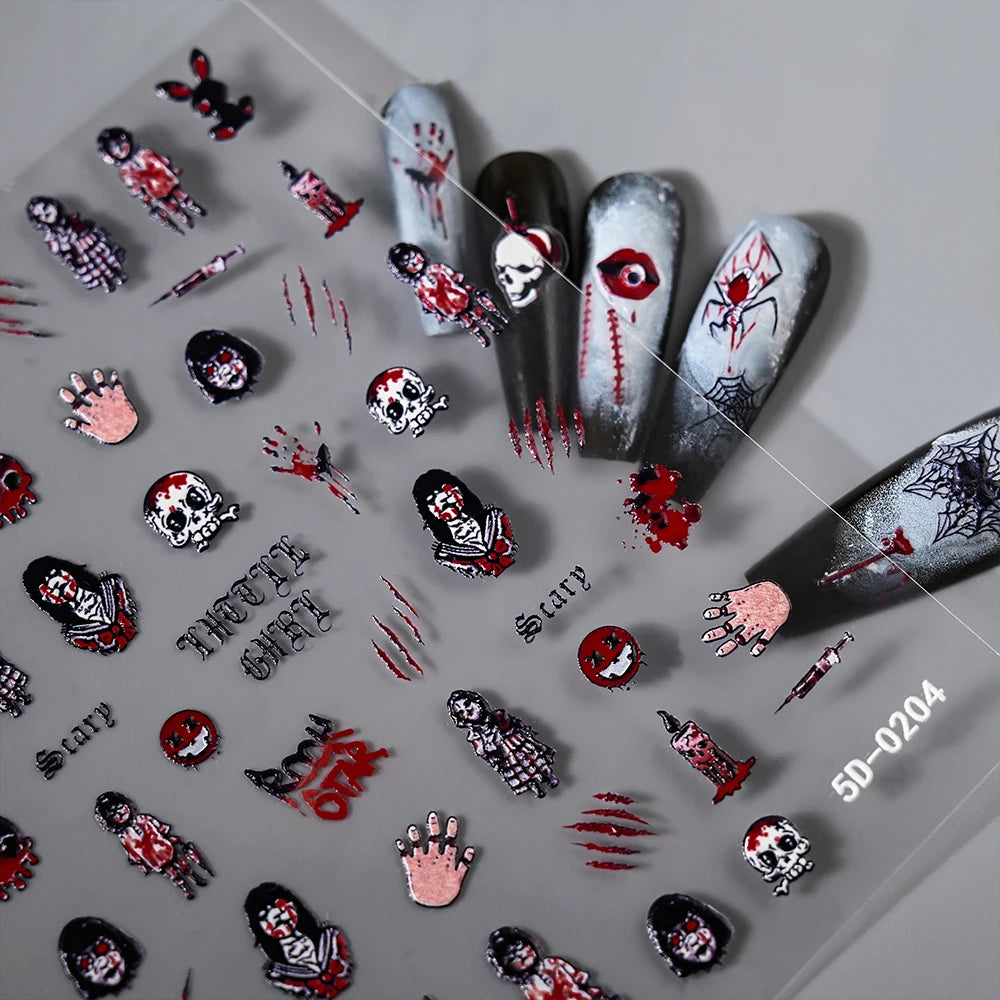 Collection of Halloween-themed nail art designs on a gray background