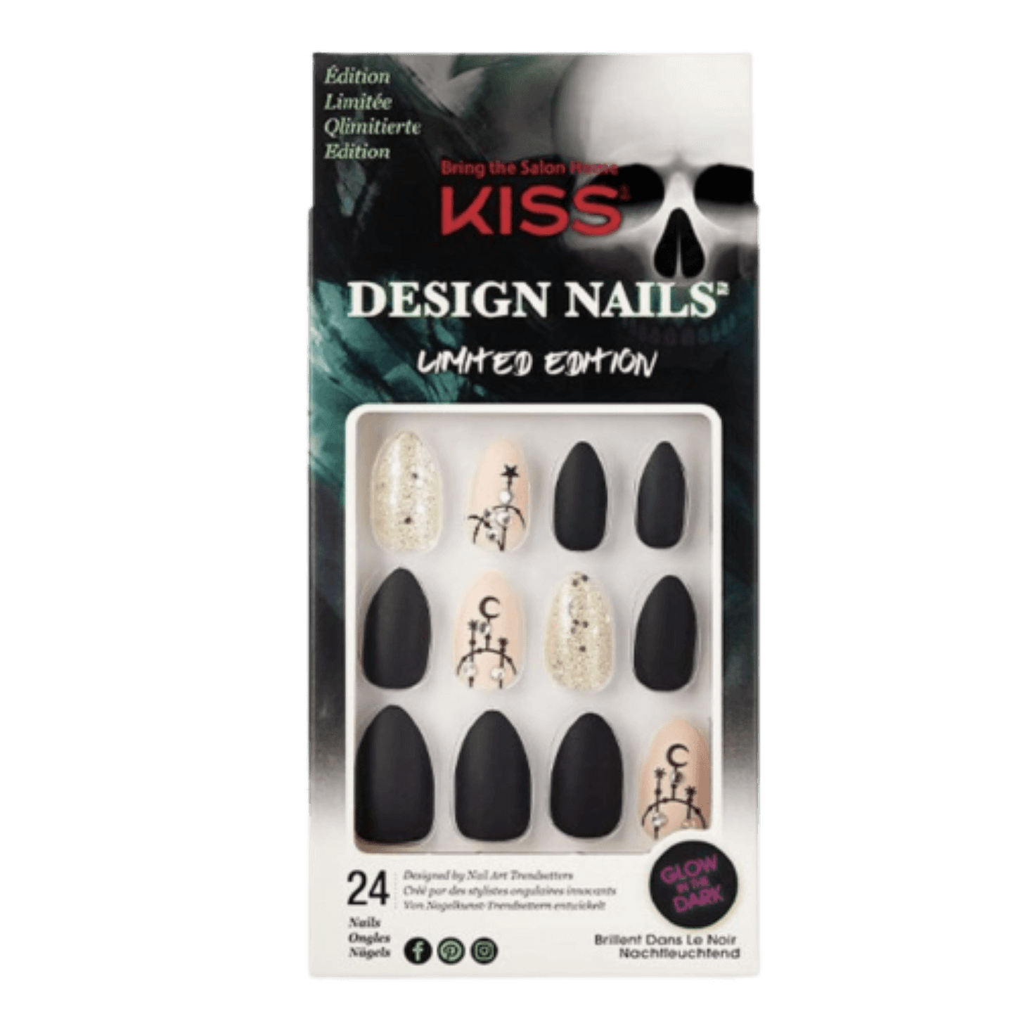 KISS Design Nails packaging with black and gold nails on a white background