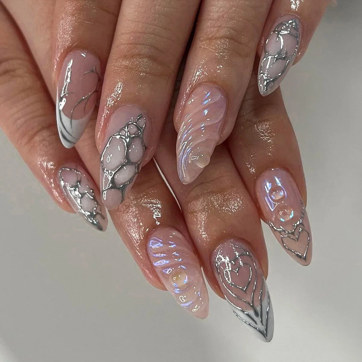 Almond Press On Nails | Long French Pink Bow & Flower Design