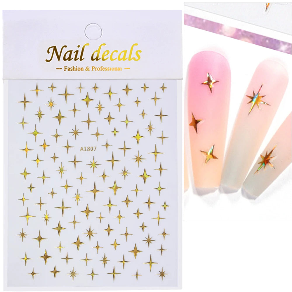1pc Y2K Silver & Gold Star Nail Art Stickers – Glossy Laser Starlight Decal for Easy Nail Art