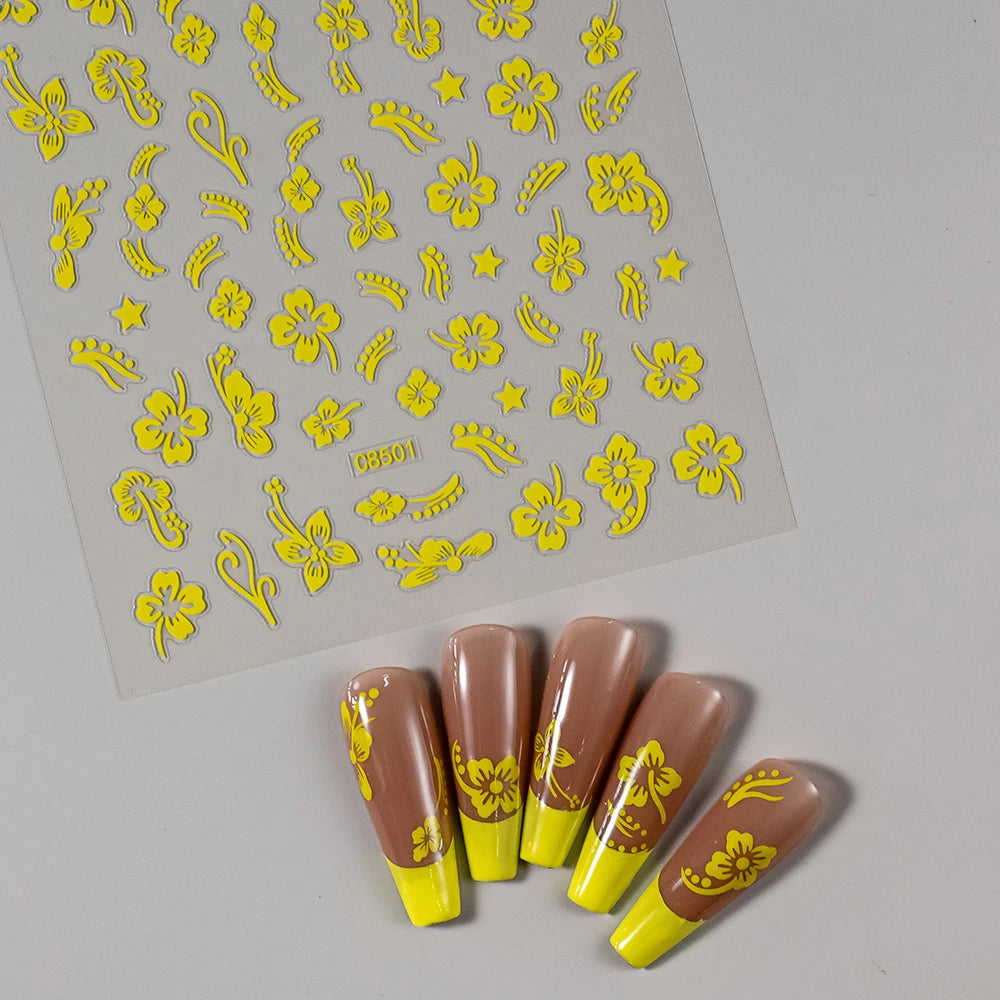 3D Hibiscus Flower Nail Stickers – White & Black Petals with Pink & Gold Accents