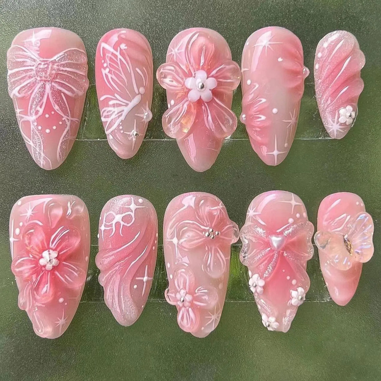 Almond Press On Nails | Long French Pink Bow & Flower Design