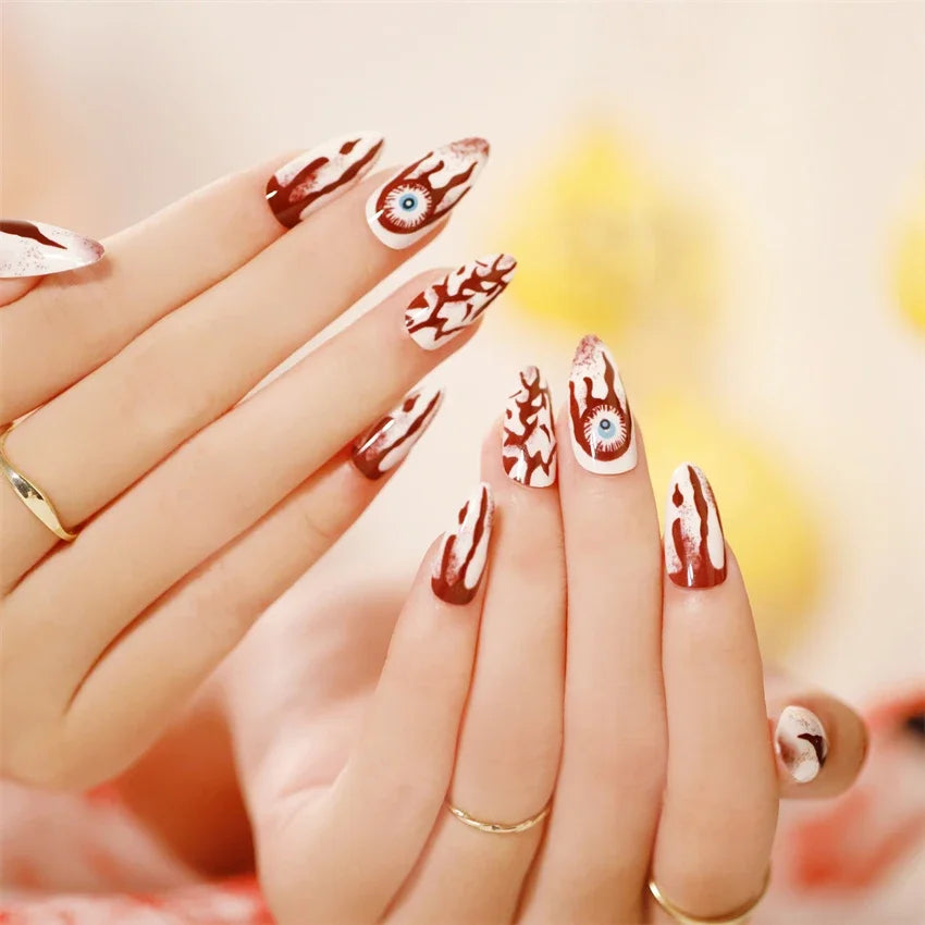 Halloween Round Acrylic Press On Nails – 24PCS Long Set