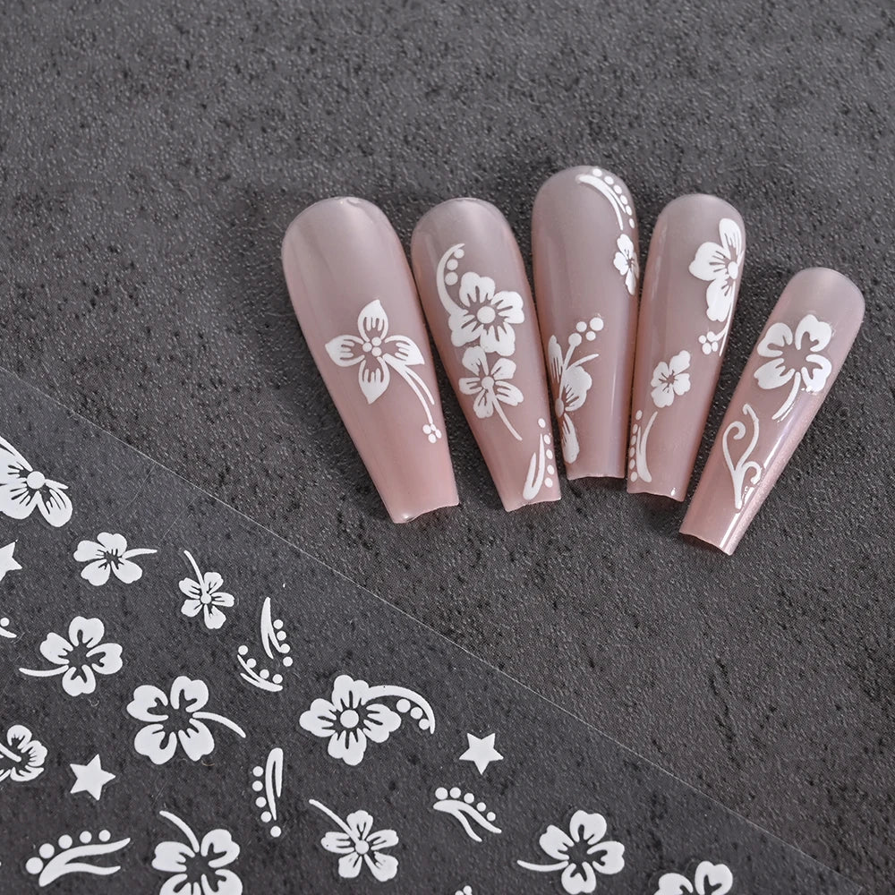 3D Hibiscus Flower Nail Stickers – White & Black Petals with Pink & Gold Accents