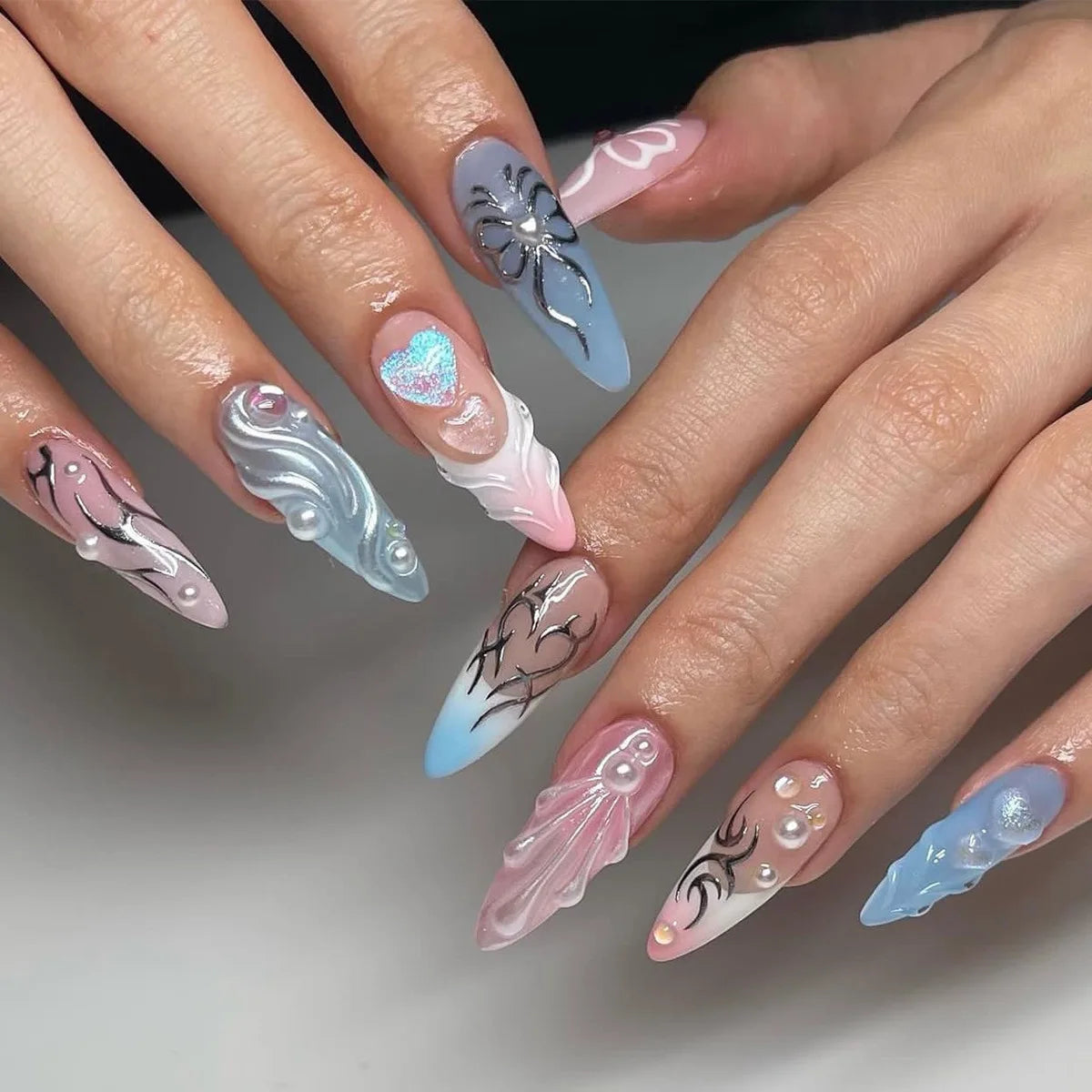 Almond Press On Nails | Long French Pink Bow & Flower Design