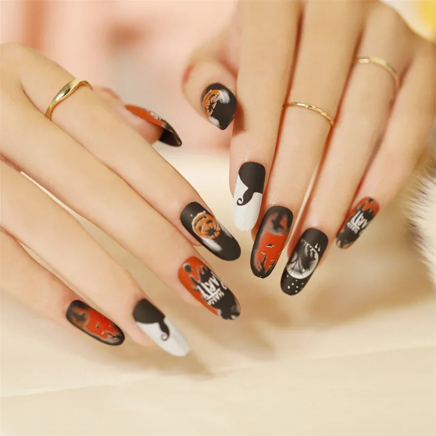Halloween Round Acrylic Press On Nails – 24PCS Long Set