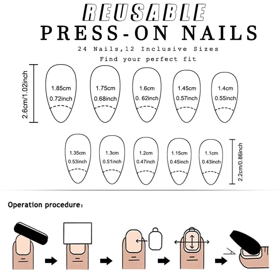 Instructions for reusable press-on nails with size chart and step-by-step guide.