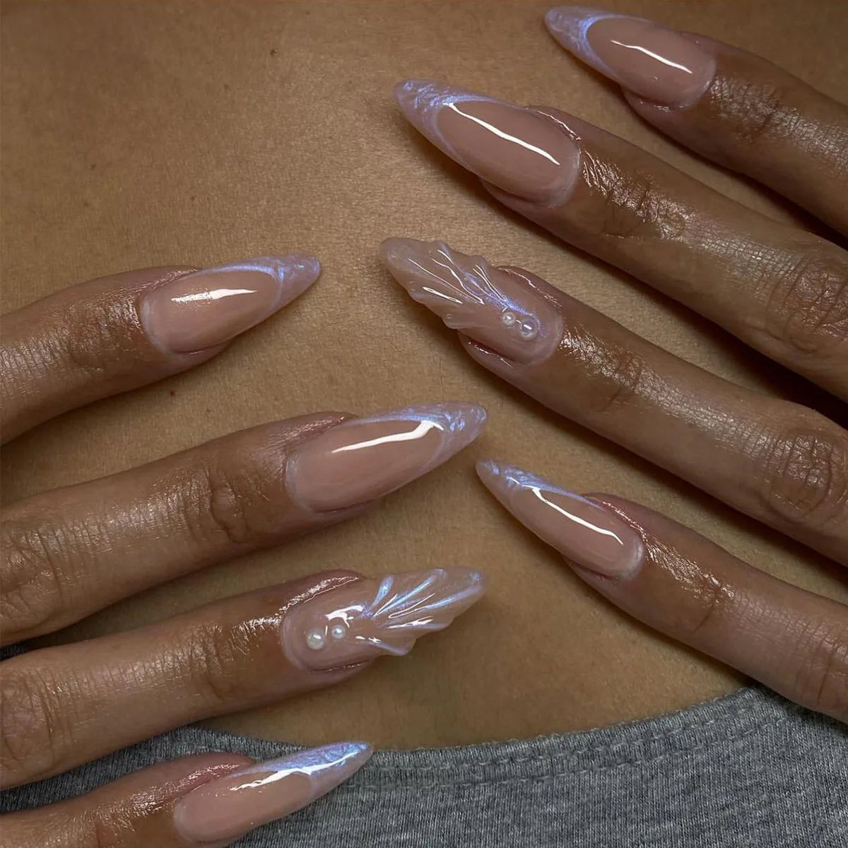 Almond Press On Nails | Long French Pink Bow & Flower Design