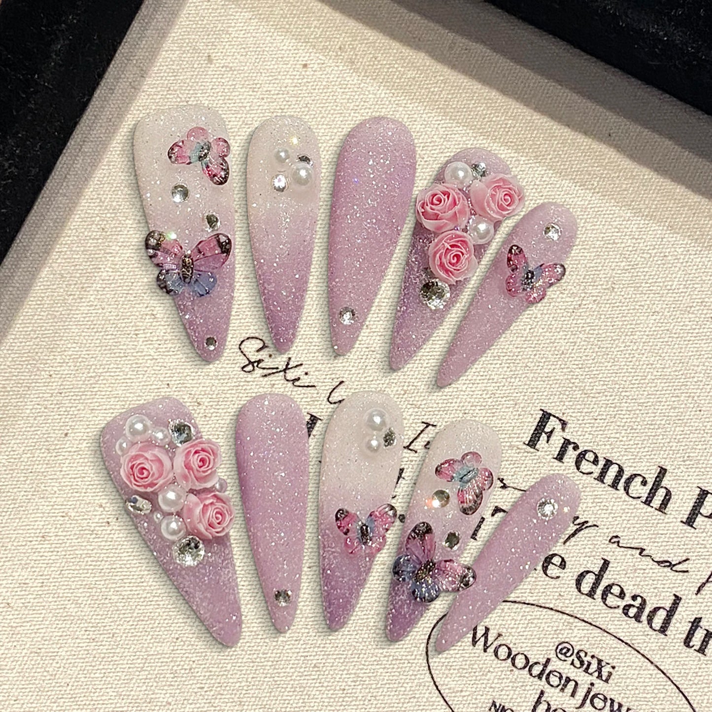 Handmade Glitter Butterfly Rose Long Almond Nails
