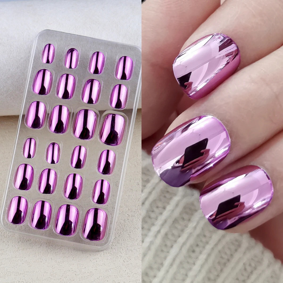 Mirror Chrome Press-On Nails – 24 Metallic Oval Tips