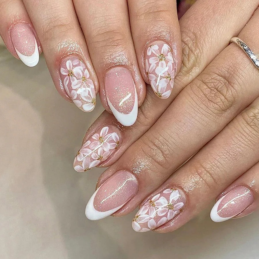 Almond Press On Nails | Long French Pink Bow & Flower Design