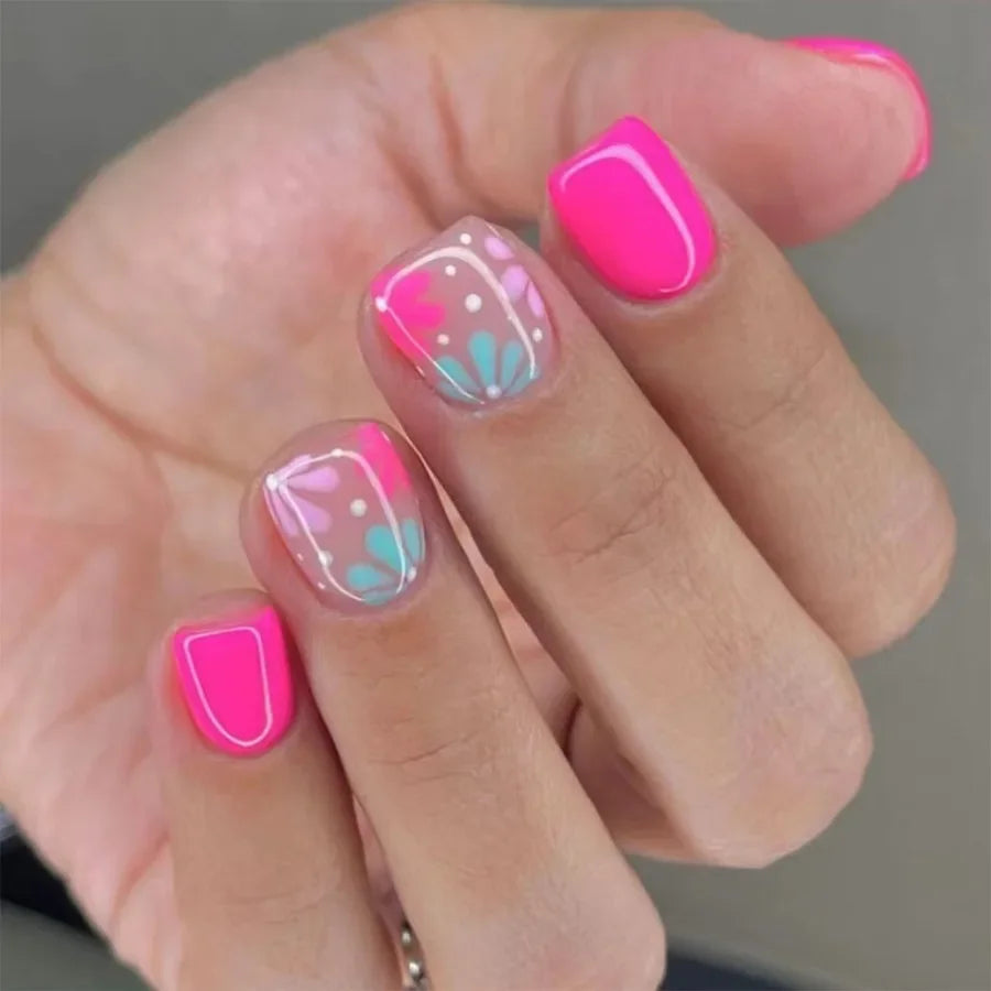 24Pcs Short Almond Press-On Nails – Pink Floral French Tip, Glossy & Elegant