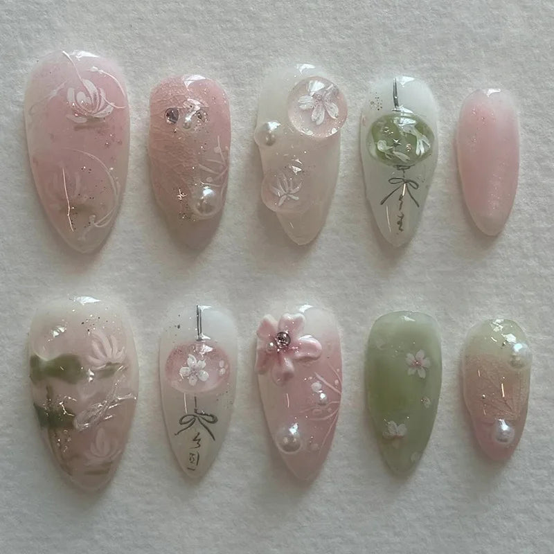 Almond Press On Nails | Long French Pink Bow & Flower Design