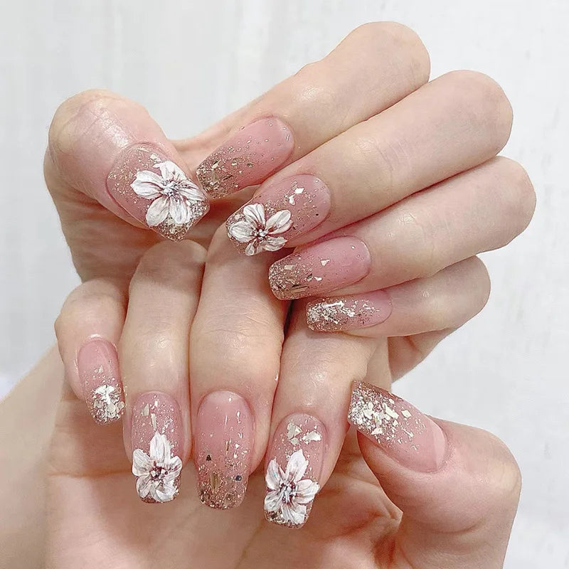 24Pcs Short Almond Press-On Nails – Pink Floral French Tip, Glossy & Elegant