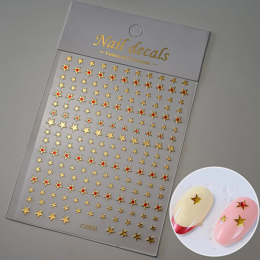 1pc Y2K Silver & Gold Star Nail Art Stickers – Glossy Laser Starlight Decal for Easy Nail Art