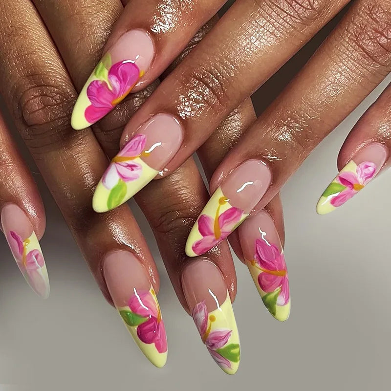 24Pcs Short Almond Press-On Nails – Pink Floral French Tip, Glossy & Elegant