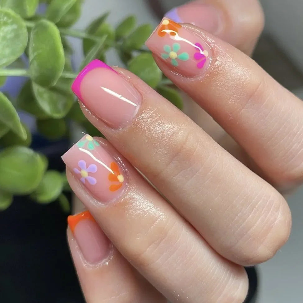 24Pcs Short Almond Press-On Nails – Pink Floral French Tip, Glossy & Elegant
