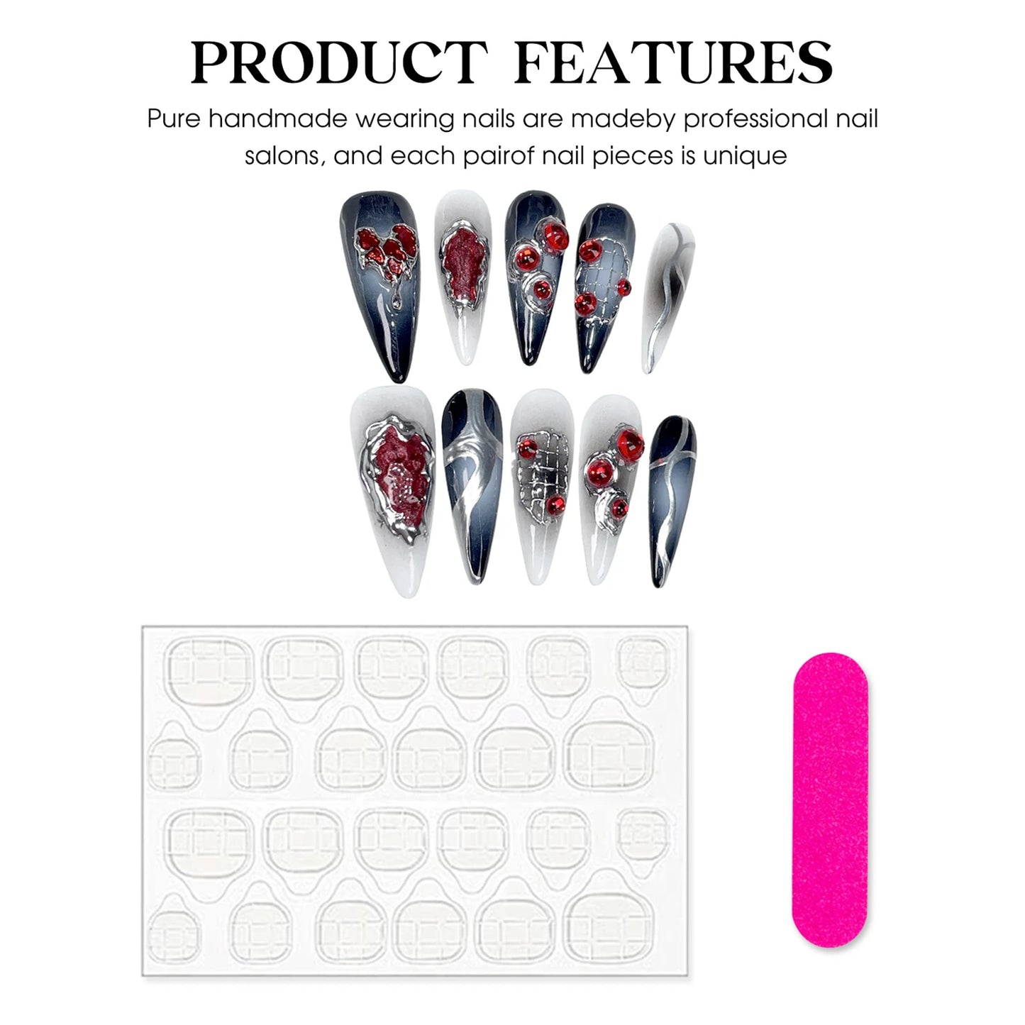 Halloween Gothic Press On Nails – Red Rhinestone Punk