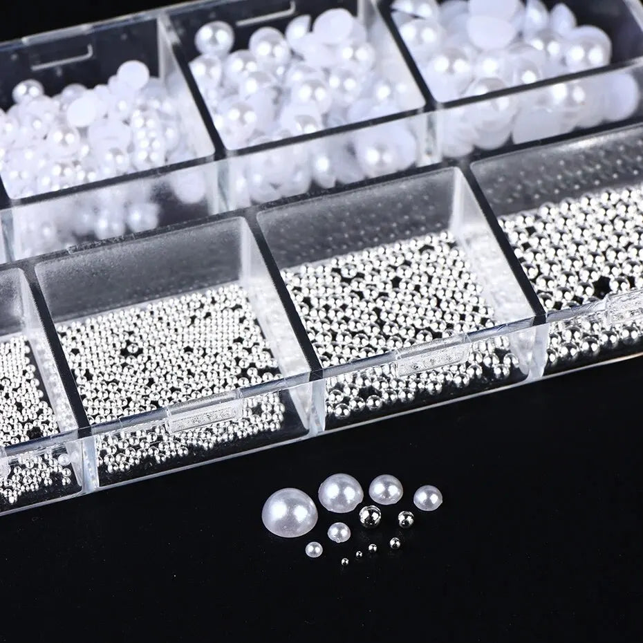 12 Grids White Nail Charms – Caviar Beads & Half Pearls