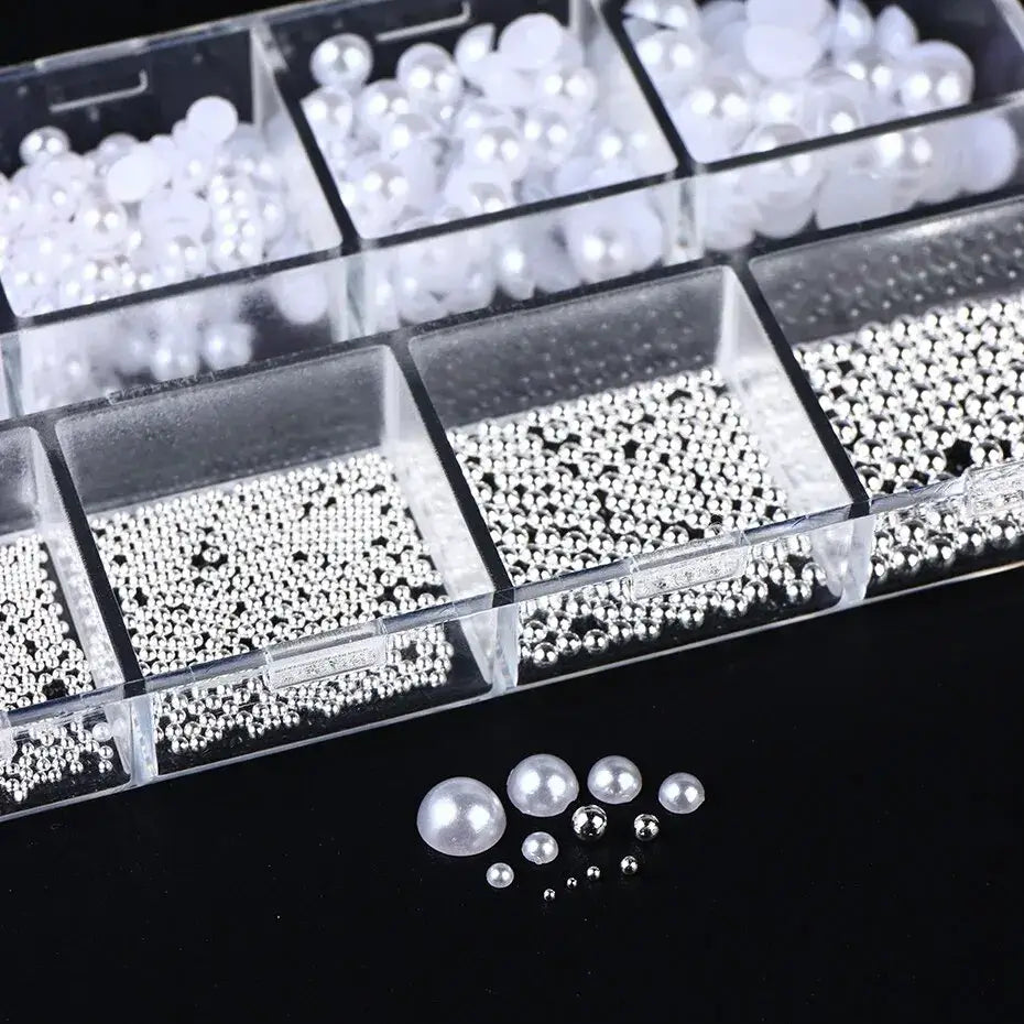12 Grids White Pearls Nail Charms Caviar Beads