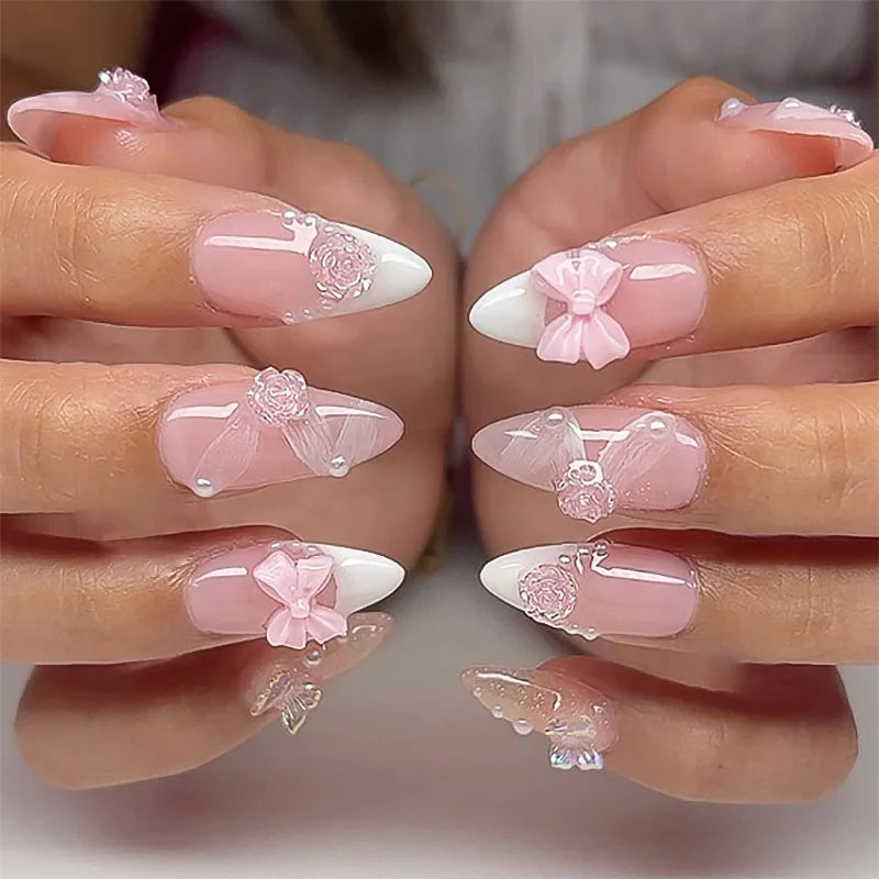 Almond Press On Nails | Long French Pink Bow & Flower Design