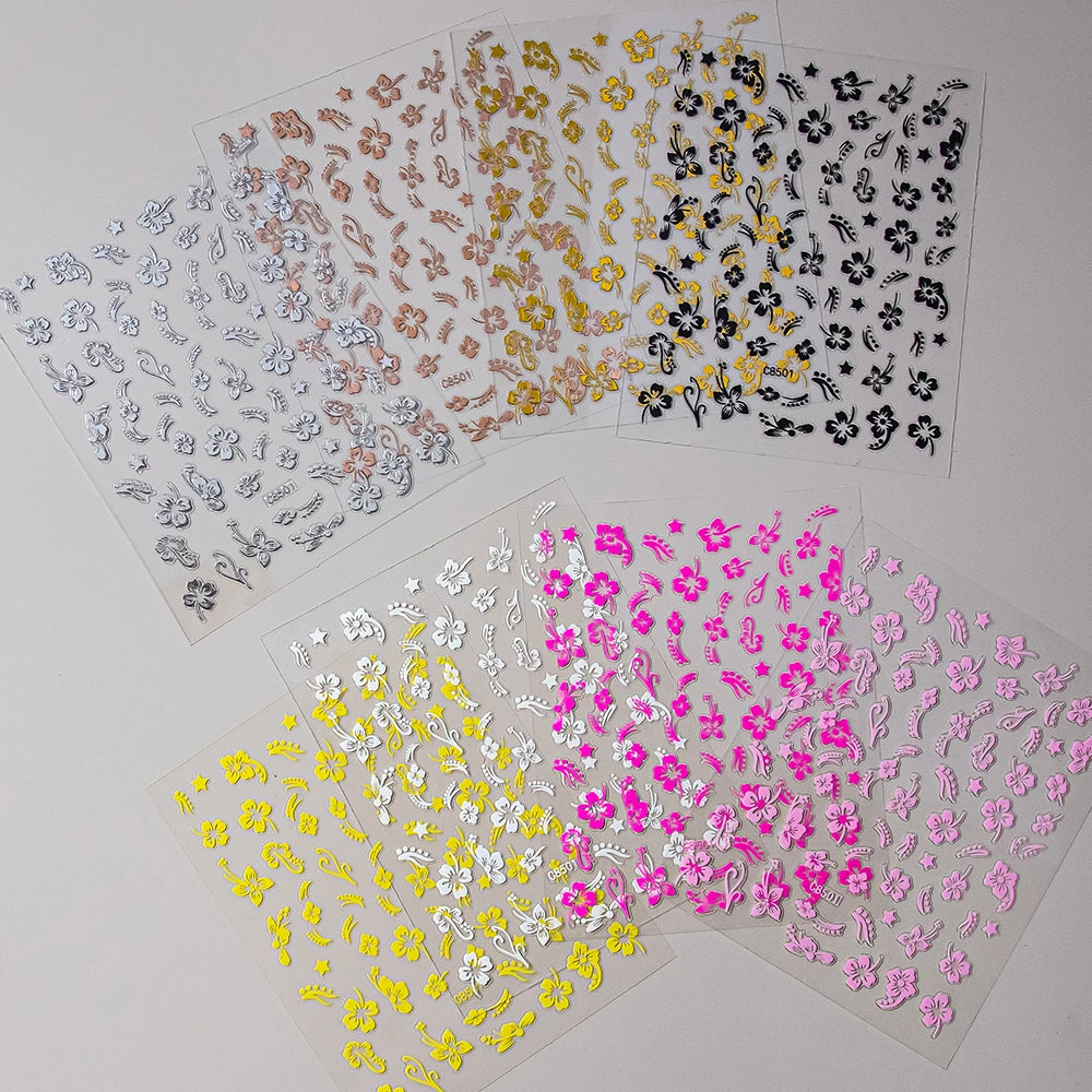 3D Hibiscus Flower Nail Stickers – White & Black Petals with Pink & Gold Accents