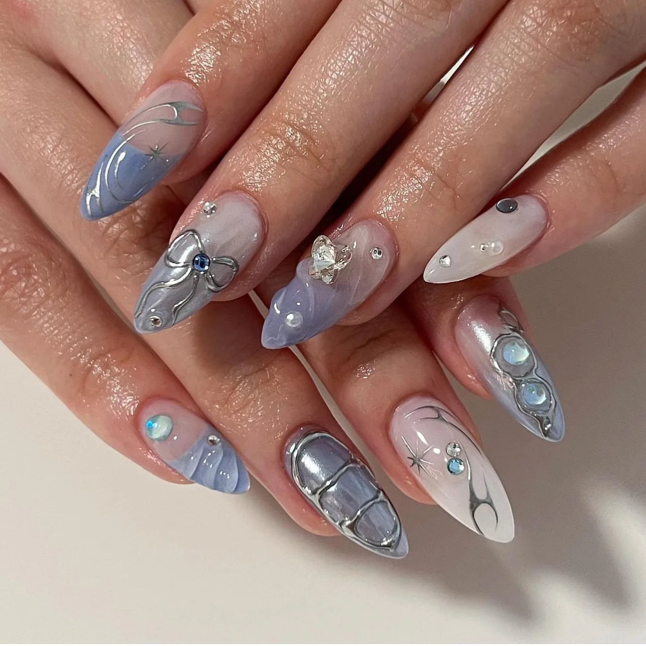 Almond Press On Nails | Long French Pink Bow & Flower Design