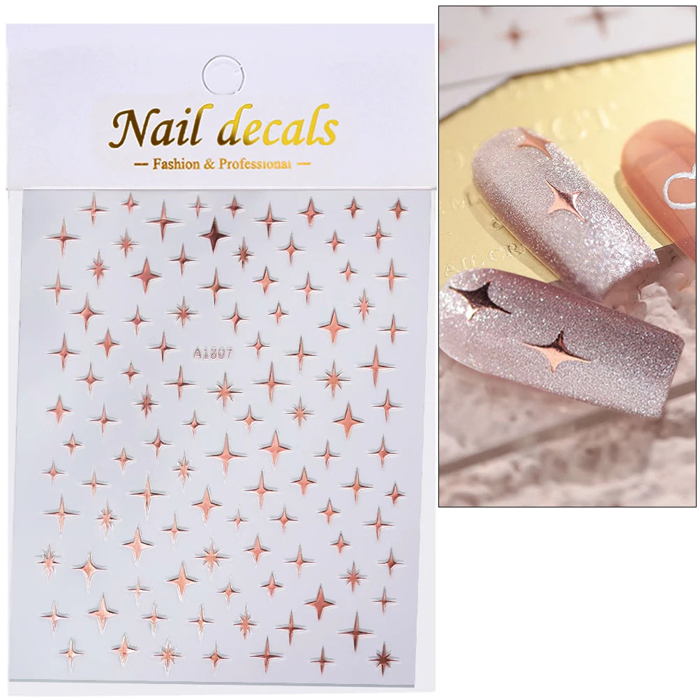 1pc Y2K Silver & Gold Star Nail Art Stickers – Glossy Laser Starlight Decal for Easy Nail Art