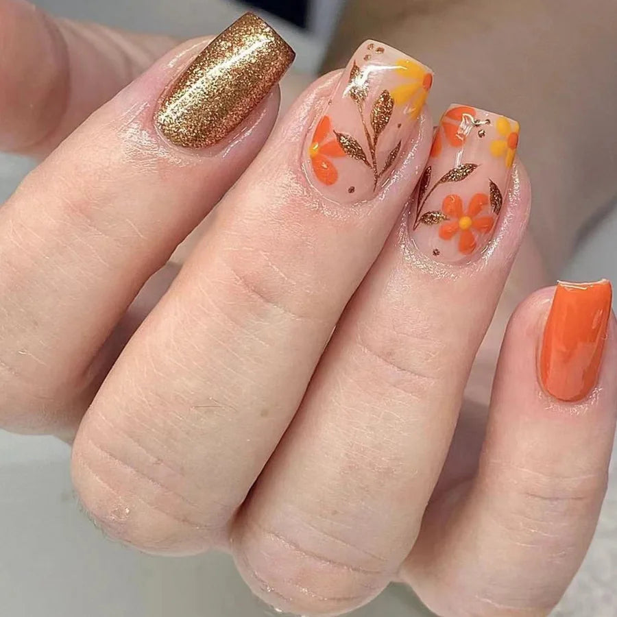 24Pcs Short Almond Press-On Nails – Pink Floral French Tip, Glossy & Elegant