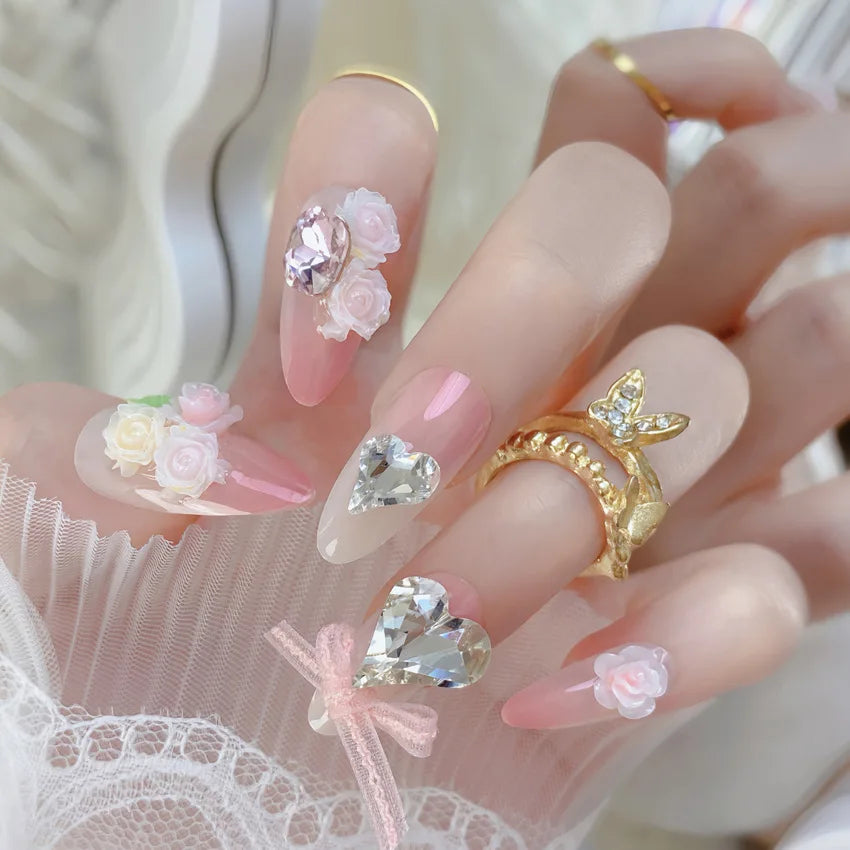 24Pcs Short Almond Press-On Nails – Pink Floral French Tip, Glossy & Elegant