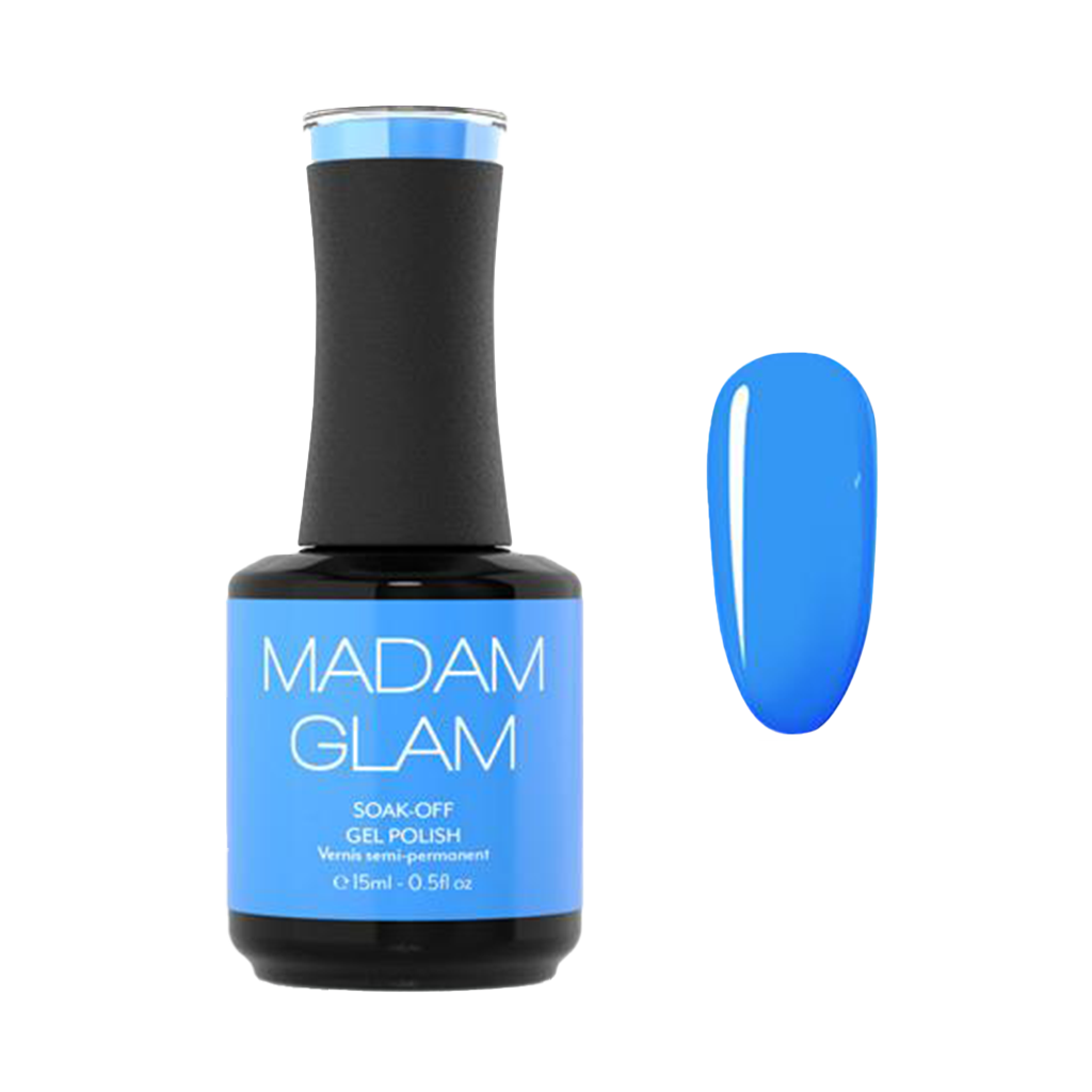 Blue gel polish bottle with a matching color swatch on a white background, featuring the brand 'Madam Glam'.