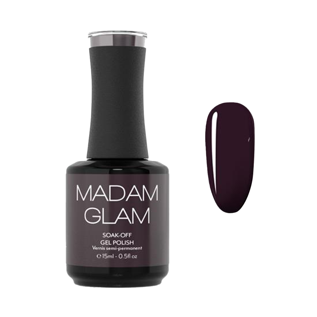 MADAM GLAM soak-off gel polish bottle with a swatch of dark purple nail color on a white background