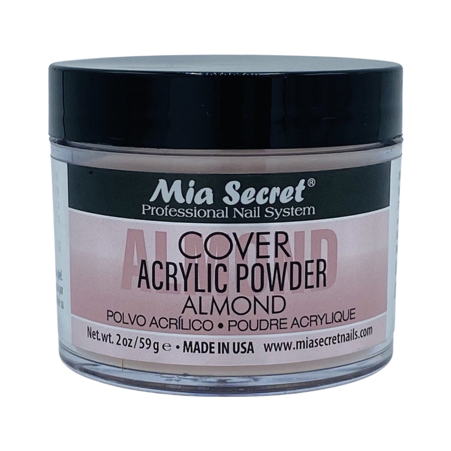 Jar of Mia Secret Almond acrylic powder on a white background