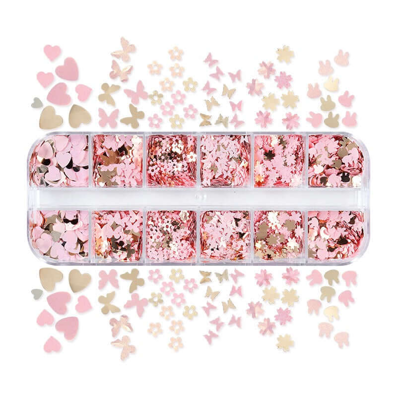 12-Grid Sequin Mix – Gold & Rose Gold Butterflies, Hearts & Flowers
