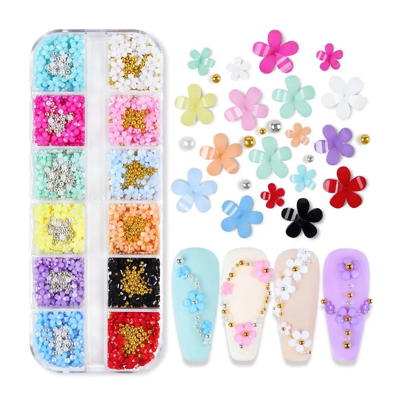 Acrylic 3D Flower Nail Charms – 12 Color Set