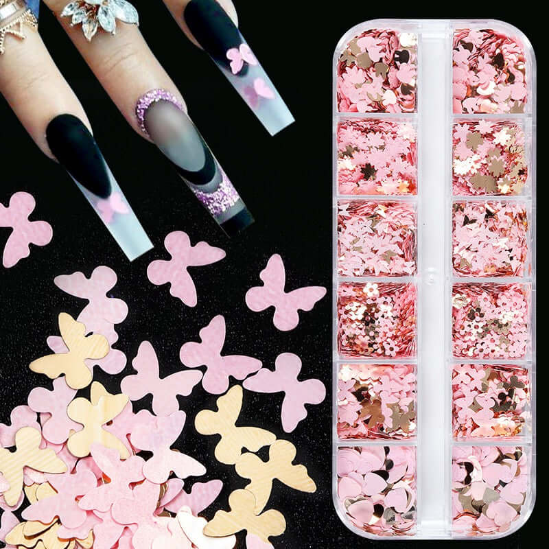 12-Grid Sequin Mix – Gold & Rose Gold Butterflies, Hearts & Flowers