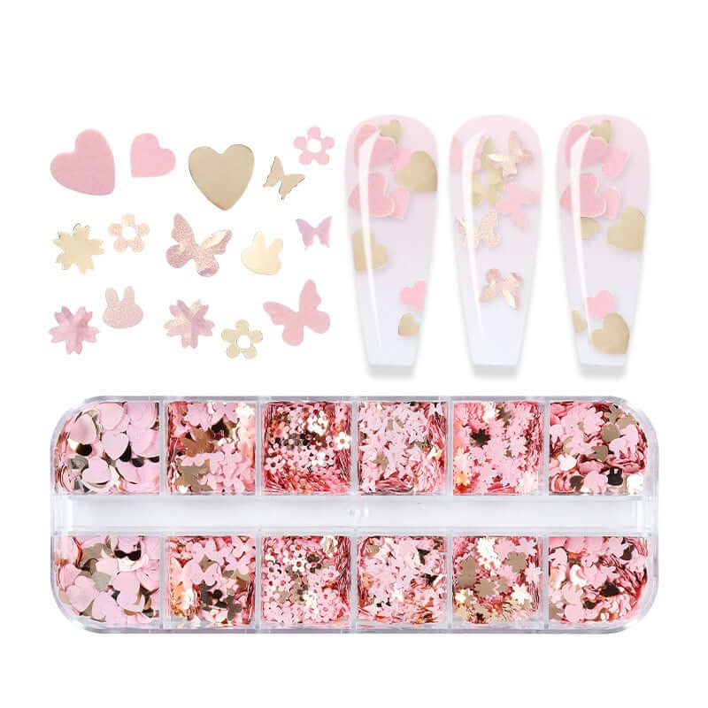 12-Grid Sequin Mix – Gold & Rose Gold Butterflies, Hearts & Flowers