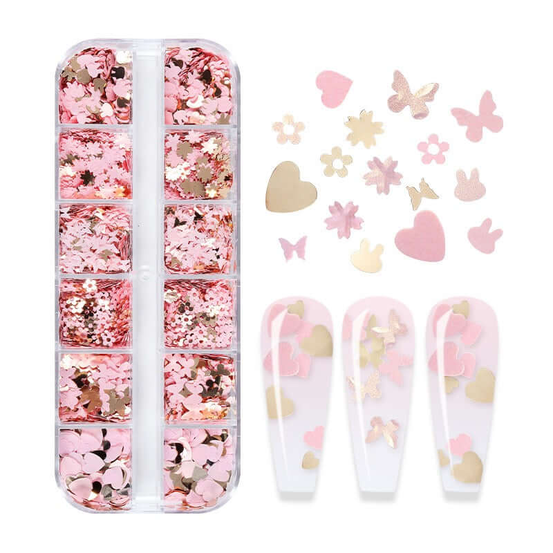 12-Grid Sequin Mix – Gold & Rose Gold Butterflies, Hearts & Flowers