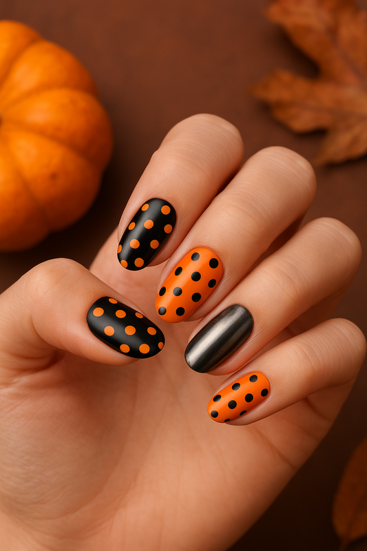 Polka Dot Black and Orange Halloween Nails: Fall Nail Art 2025 Trend