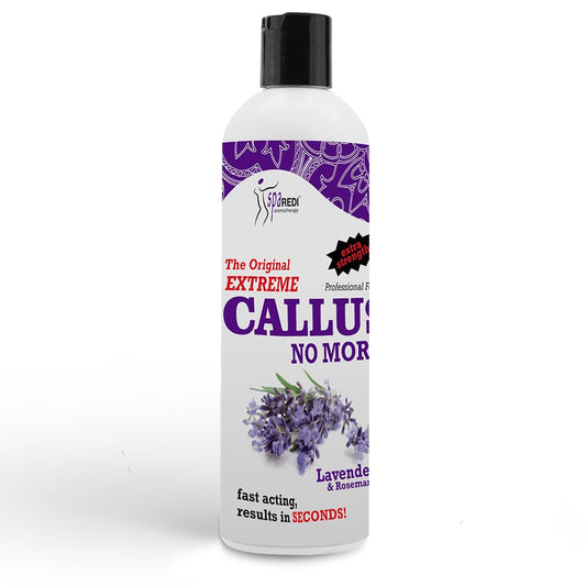 Bottle of 'Extreme Callus No More' with lavender and rosemary on a white background